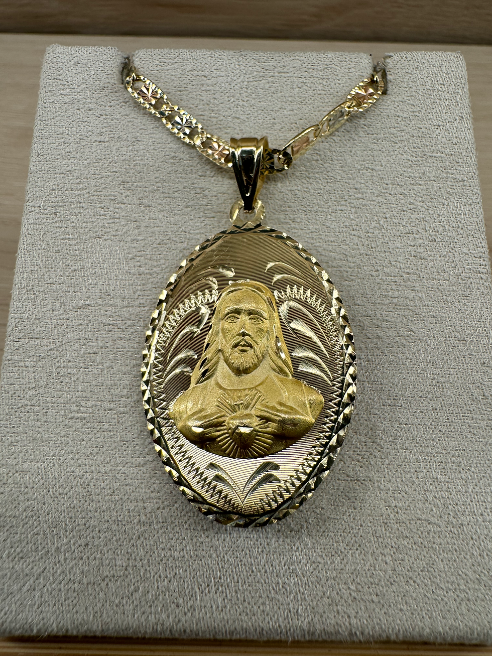 Thumbnail: 14K Gold Large Oval Double Sided Virgencita and Jesus Pendant