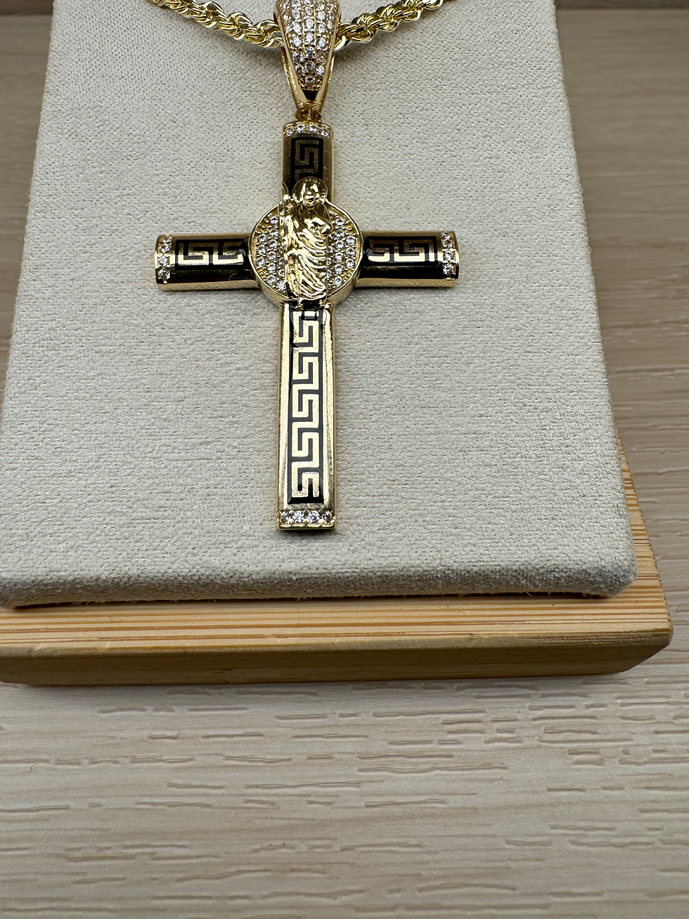Thumbnail: 14k Large Aztec Pattern San Judas Cross Pendant + Chain Set