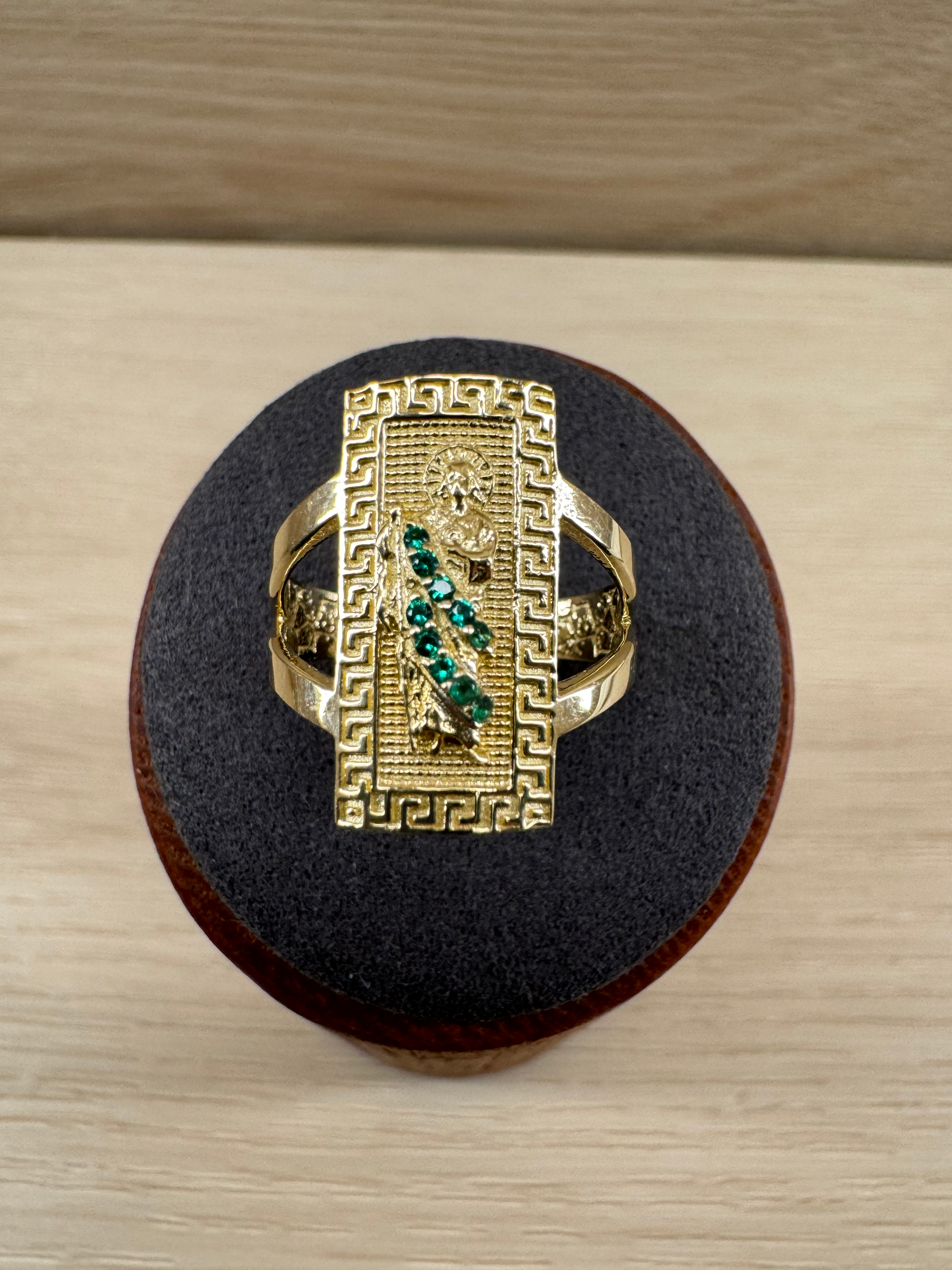 14K Gold Aztec Pattern Green Stone San Judas Ring