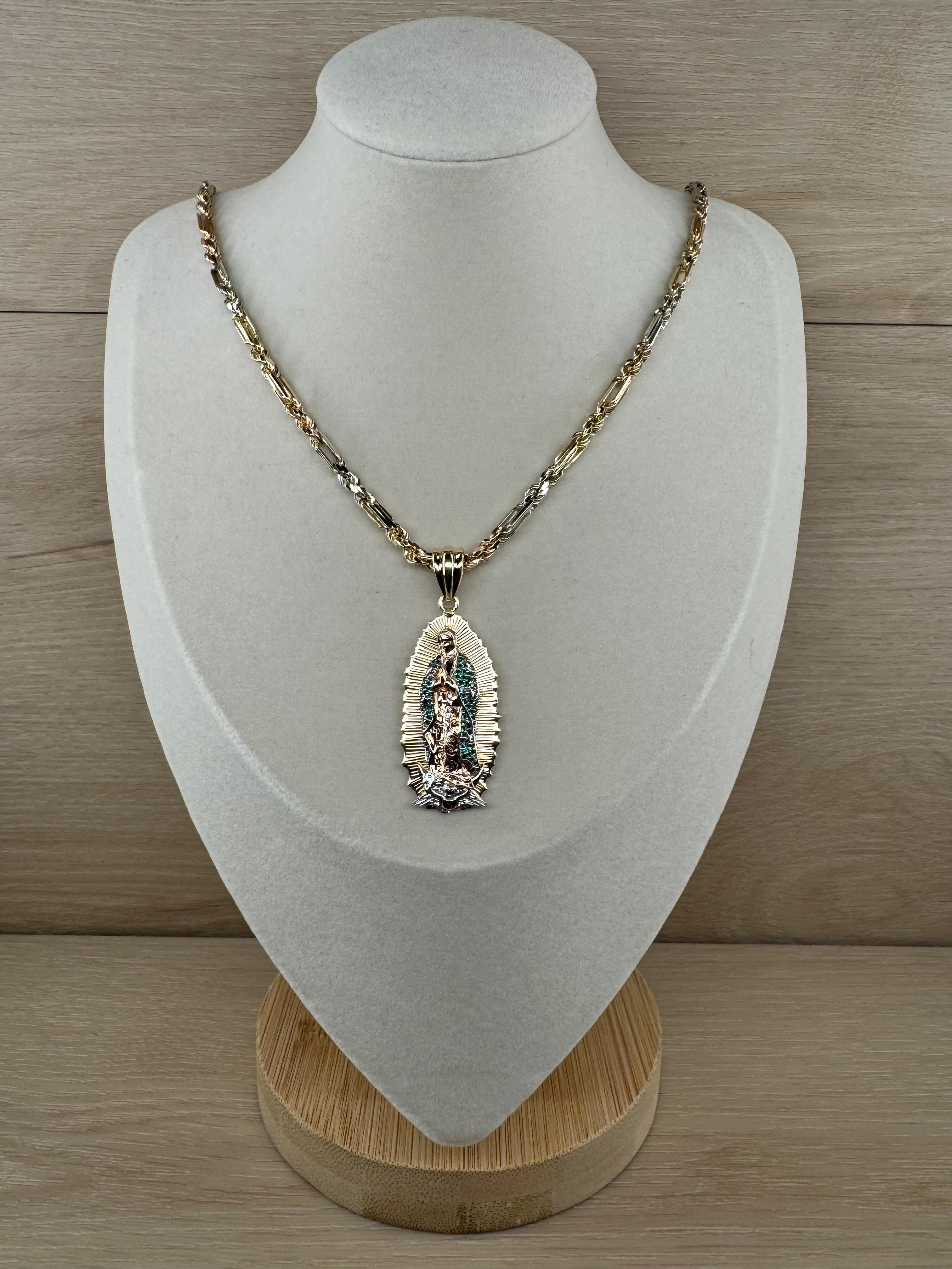 14k Virgen de Guadalupe Pendant + Chain Set