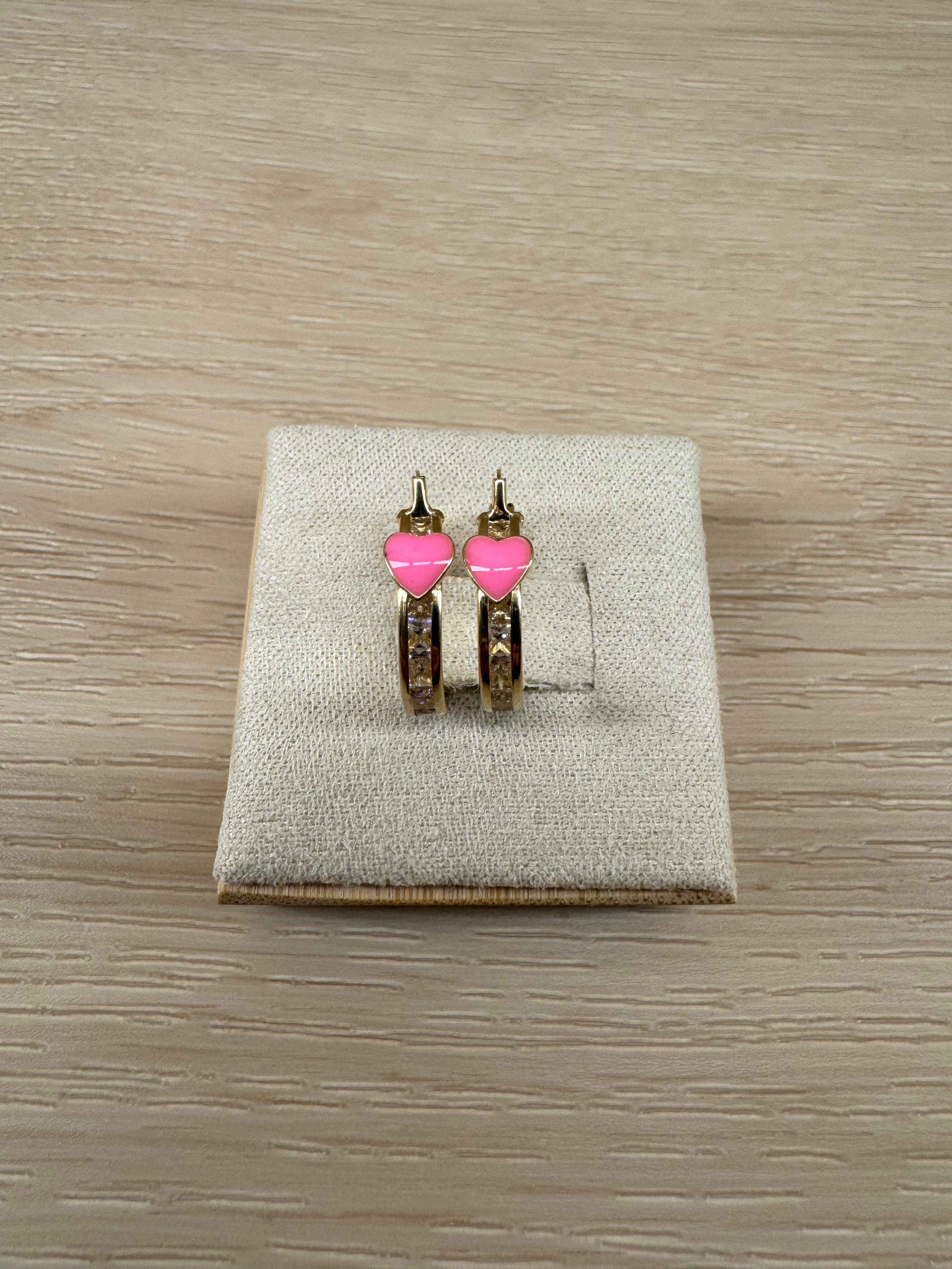14k Small Pink Heart Hoop Earrings