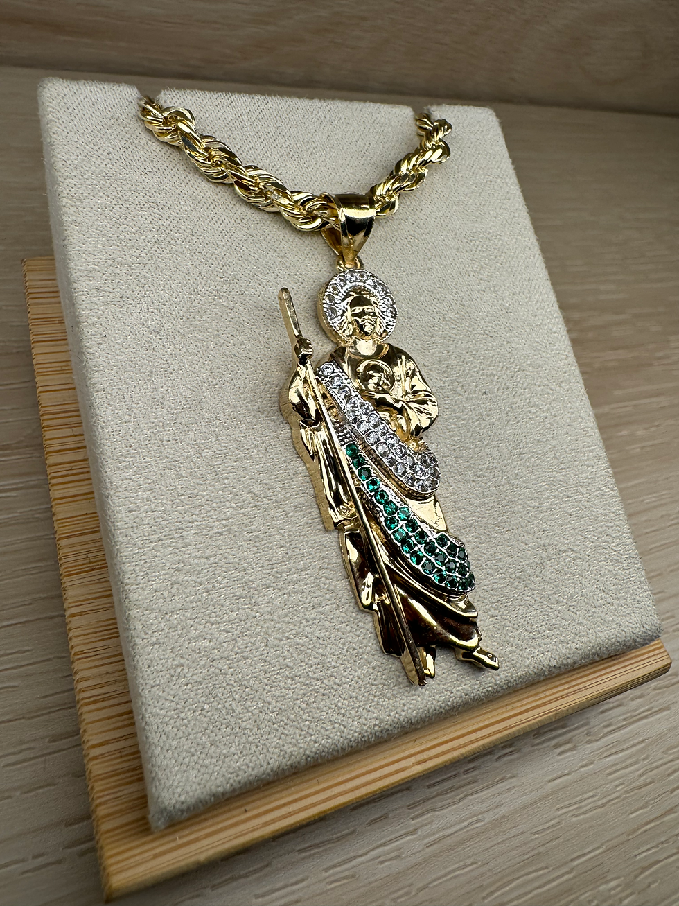 Thumbnail: 14K Gold Large Green and White Sash San Judas Pendant