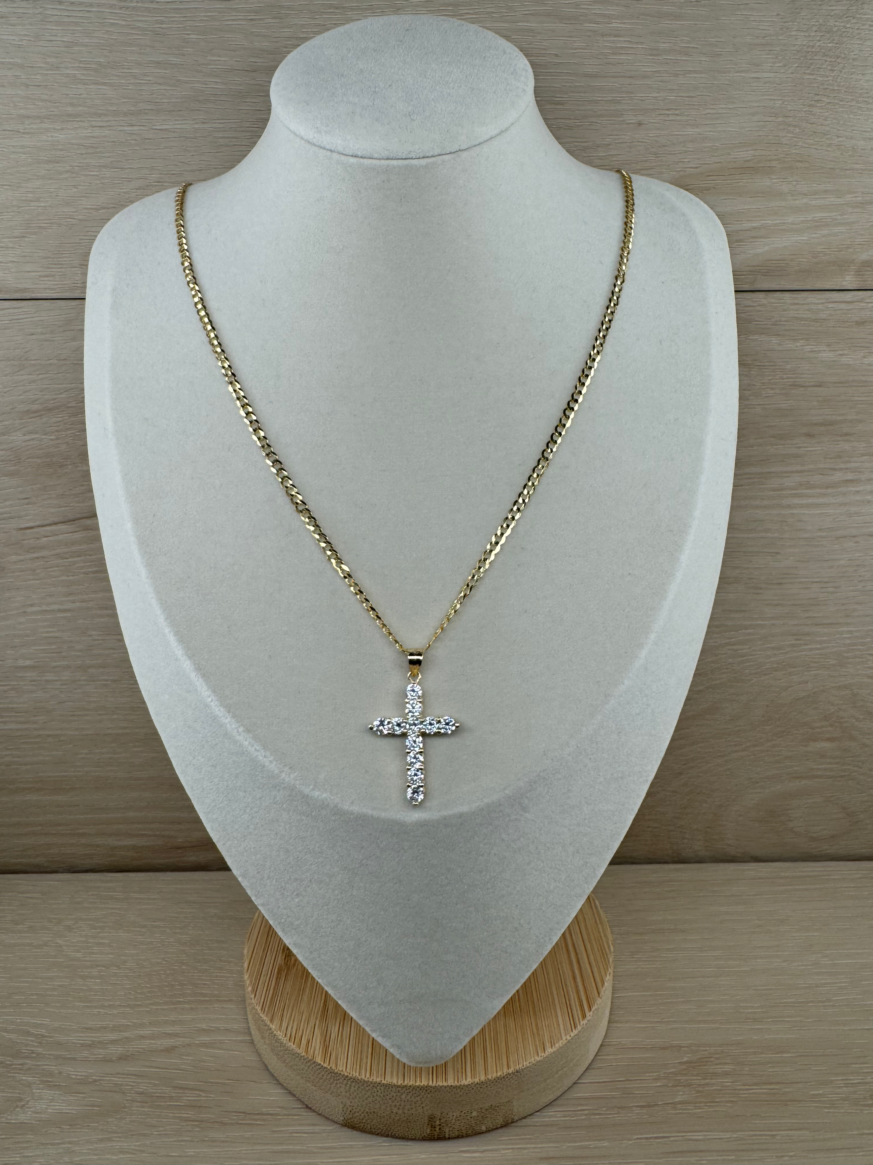 14k Medium Stone Cross Pendant + Chain Set