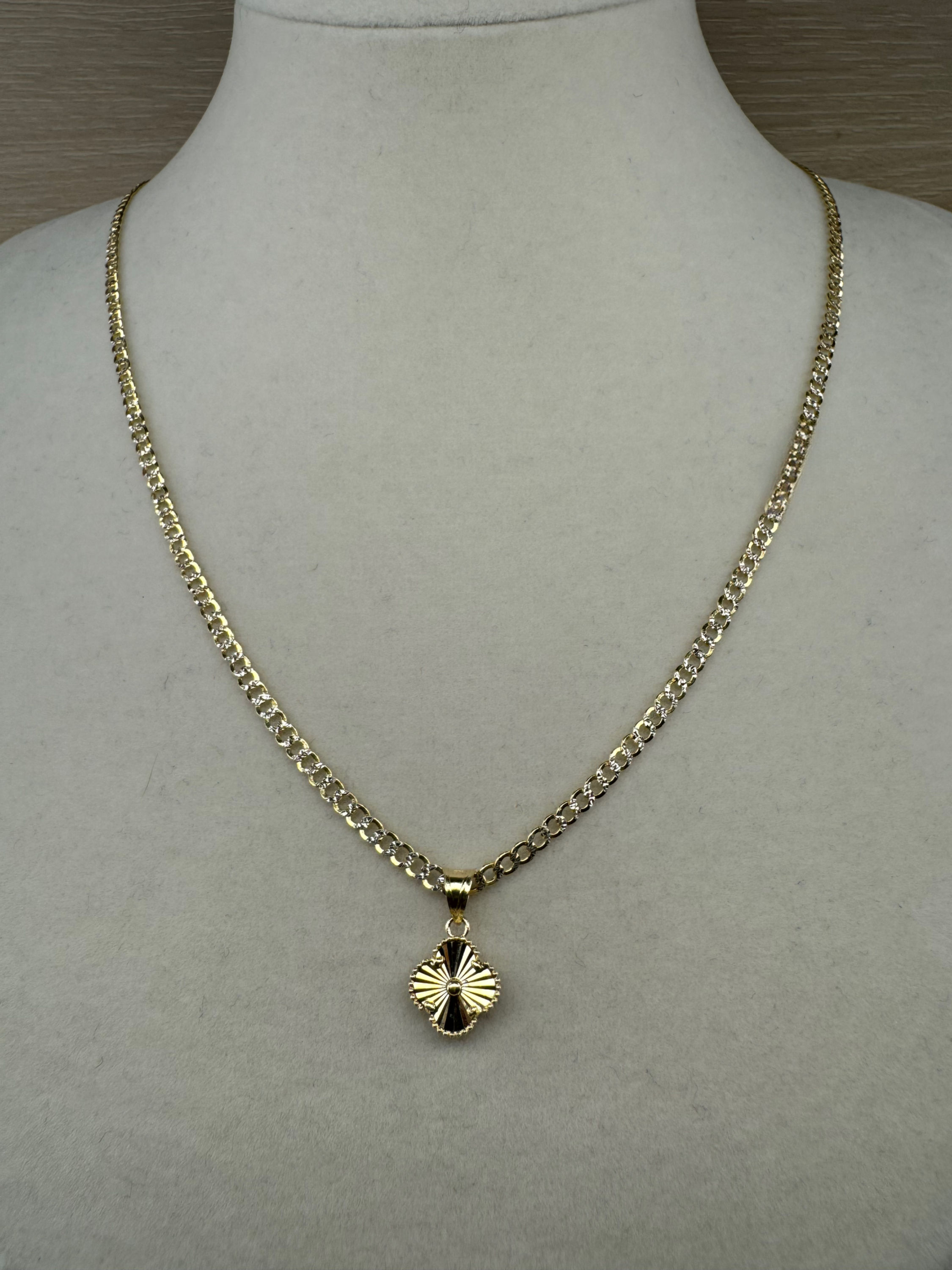 14K Gold Small Flower Pendant + Solid 2.5mm 18 Inch Curb Chain