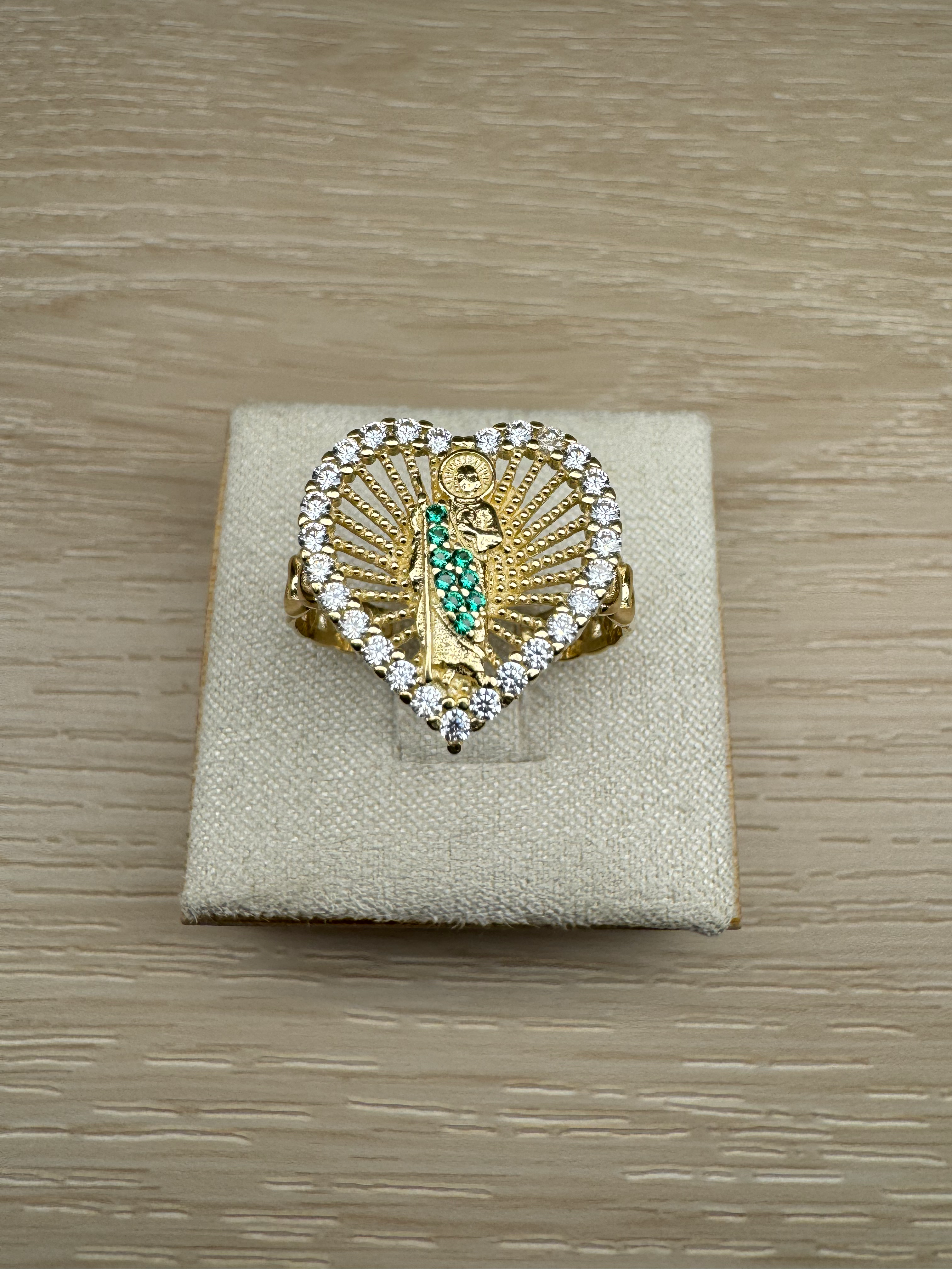 14k Heart Stone San Judas Cuban Ring