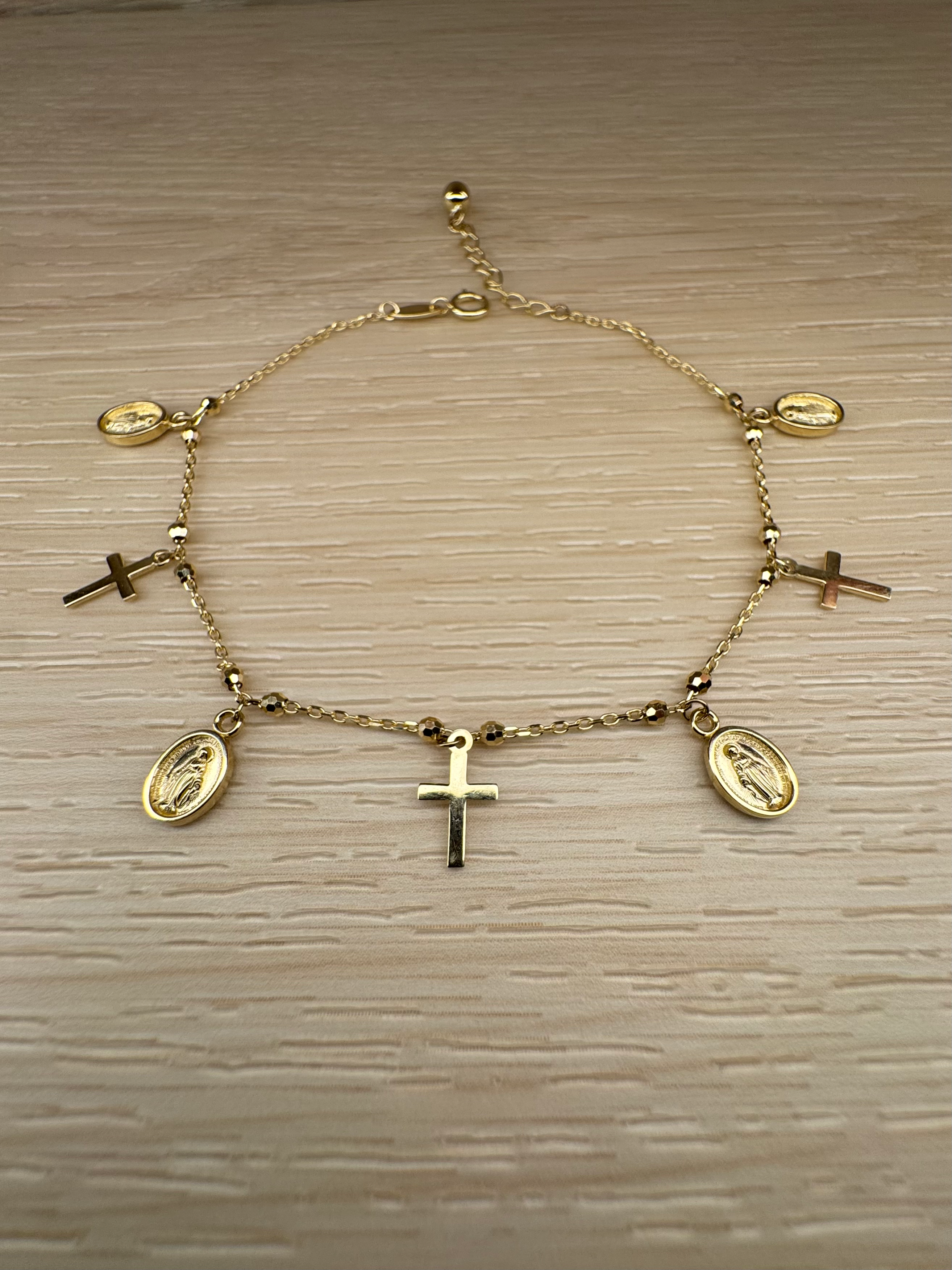 14K Gold Virgencita and Cross Bracelet