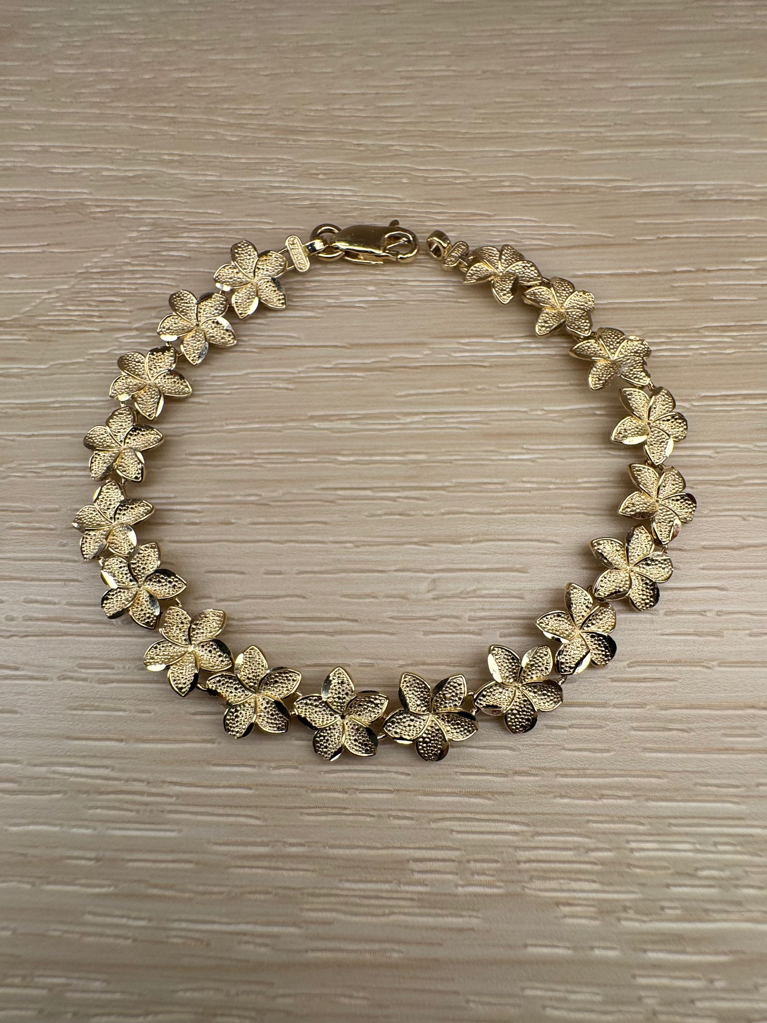 14K Gold 7 Inch Large Plumeria Flower Bracelet