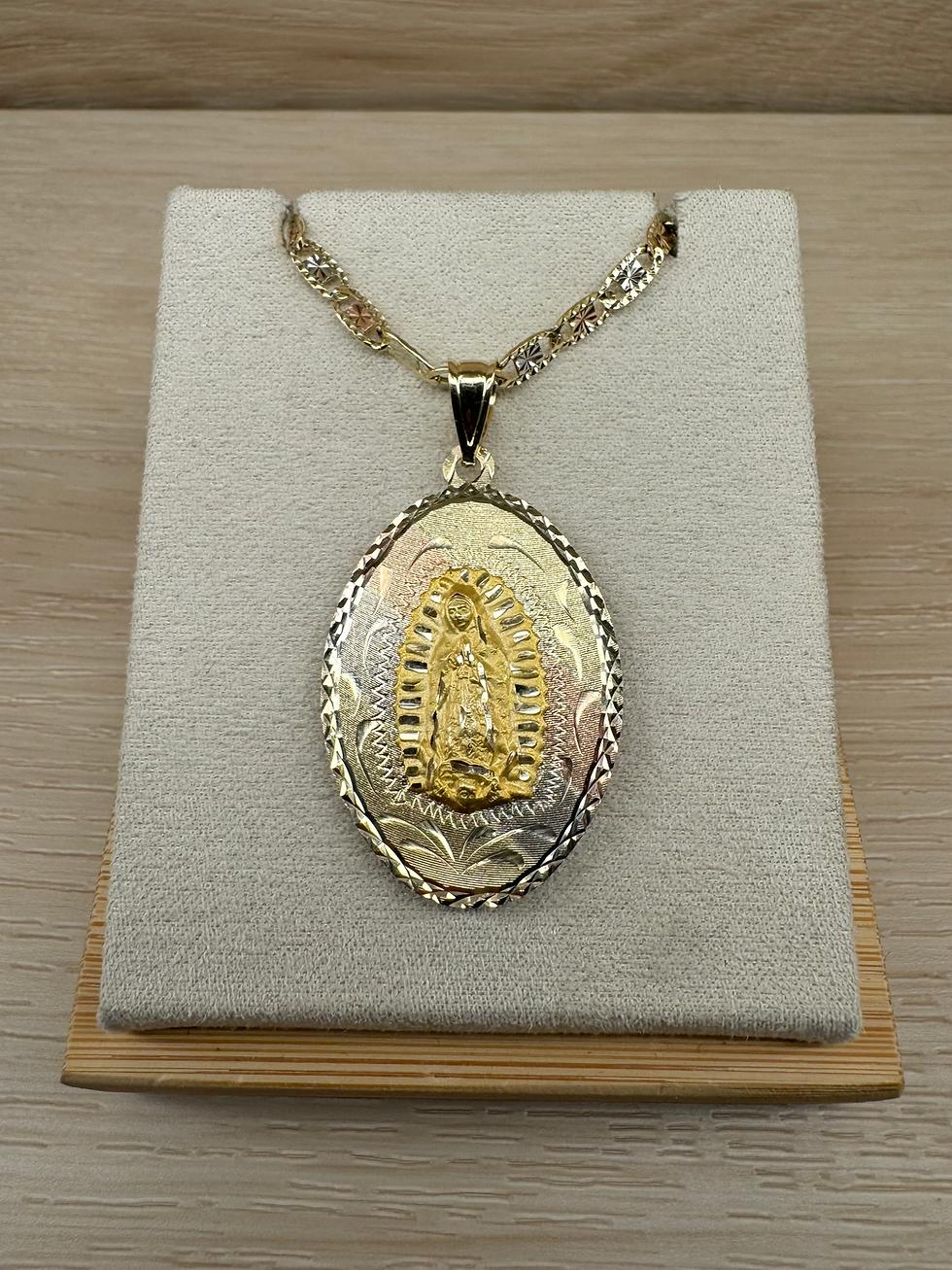 Thumbnail: 14K Gold Large Oval Double Sided Virgencita and Jesus Pendant