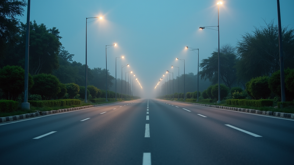 Eye-level view of a wide road with streetlights and greenery in Dholera