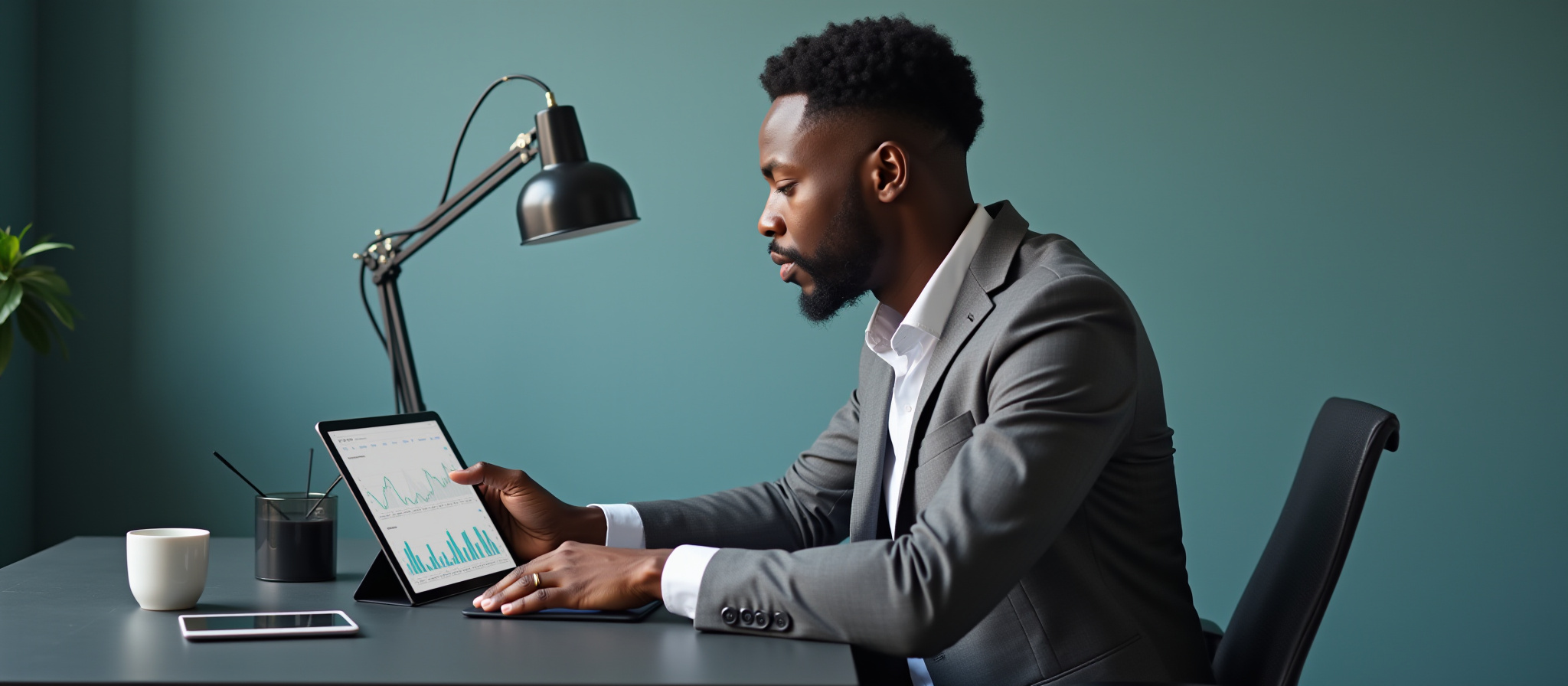 Focused businessman using tablet under desk lamp, analyzing data, remote bookkeeping services.