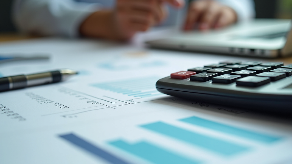 Close-up view of a calculator and financial documents on a desk