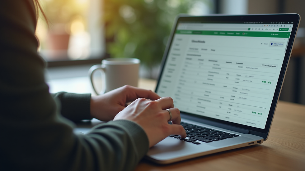 Close-up view of a person working on a laptop with QuickBooks open