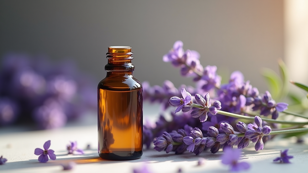Eye-level view of a bottle of lavender essential oil with flowers