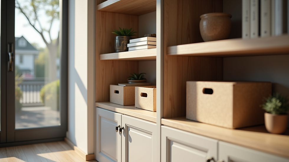 Close-up view of built-in shelves with organized storage boxes in a living room