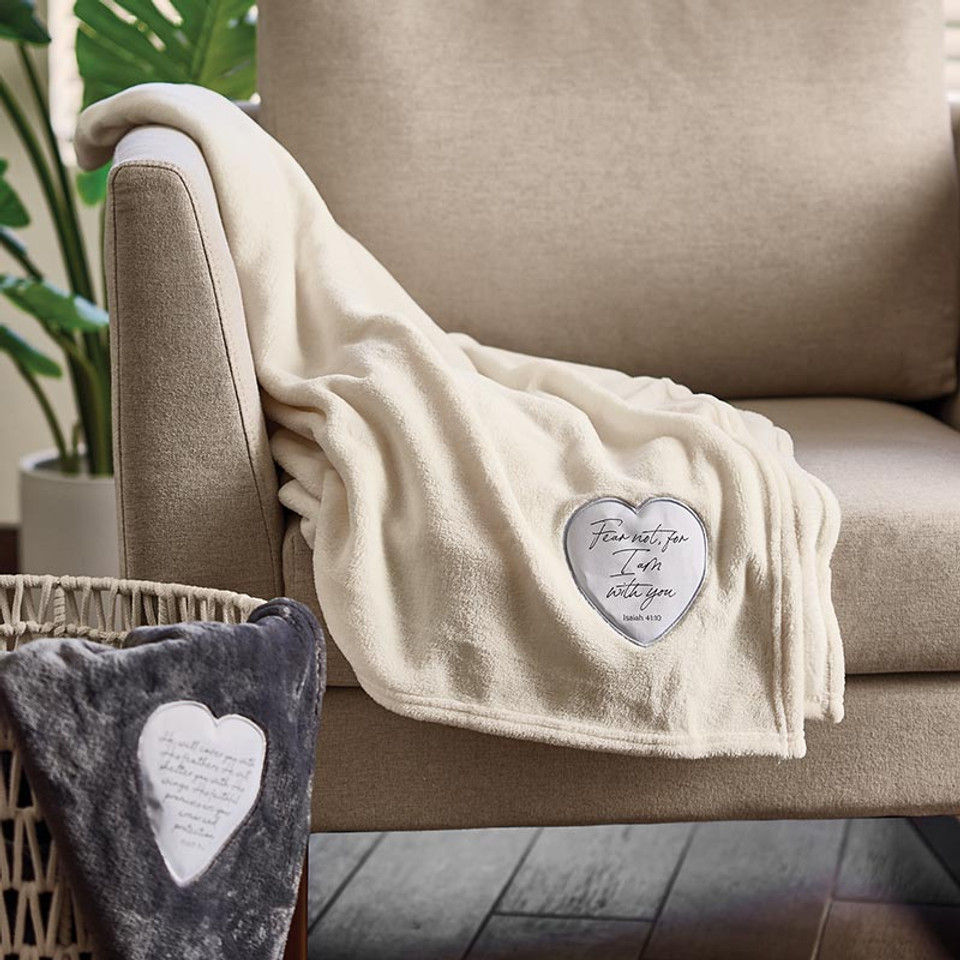 Cream throw blanket with “Fear not, for I am with you” from Isaiah 41:10, 50x65 inches