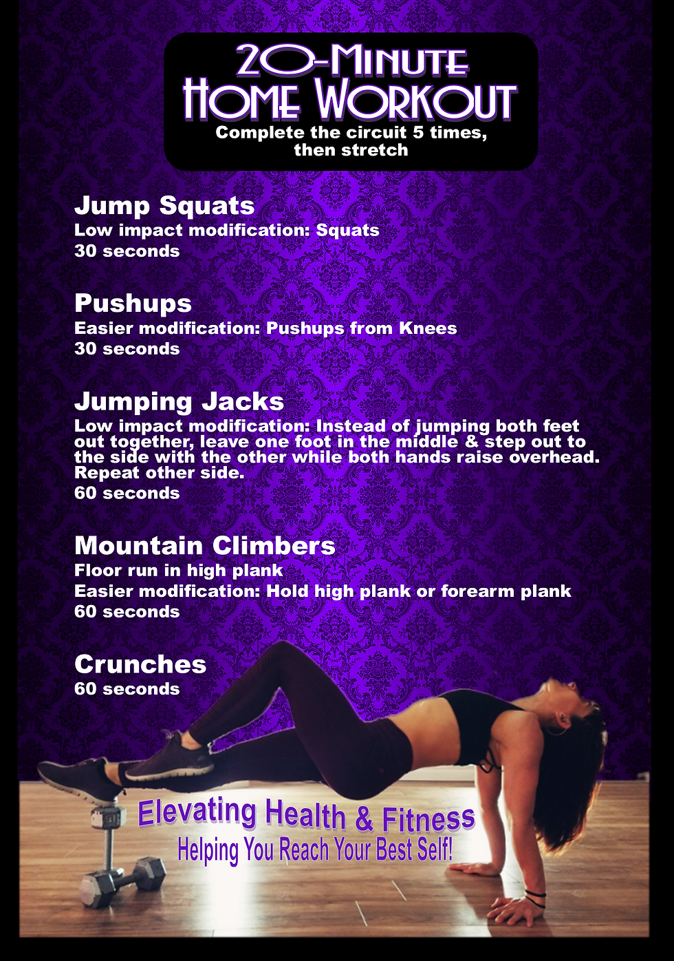 Sample Workout includes squat, pushups, jumping jacks, and crunches.