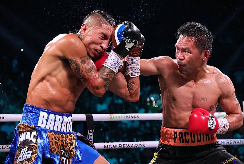 A scene in Manny Pacquiao's title bout against Mario Barrios in his comeback fight after a four-year hiatus in July 2025, holding that time's reigning world welterweight champion to a majority draw.