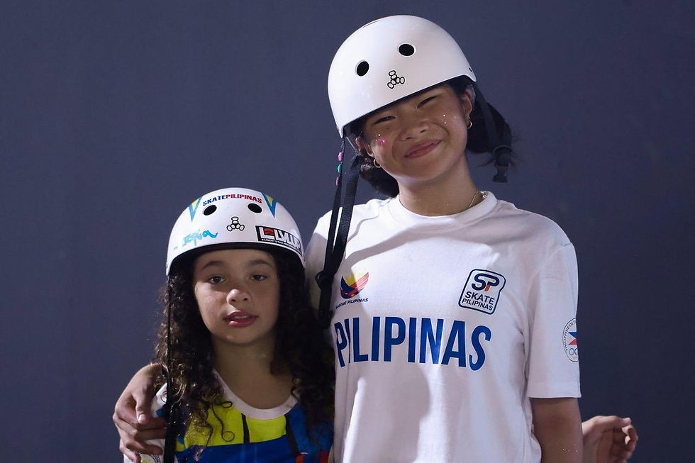 Youngsters Mazel Alegado (right) and Elizabeth Amador (left) completed a gold-silver finish for the Philippines in the 2025 SEA Games women's skateboarding park event.