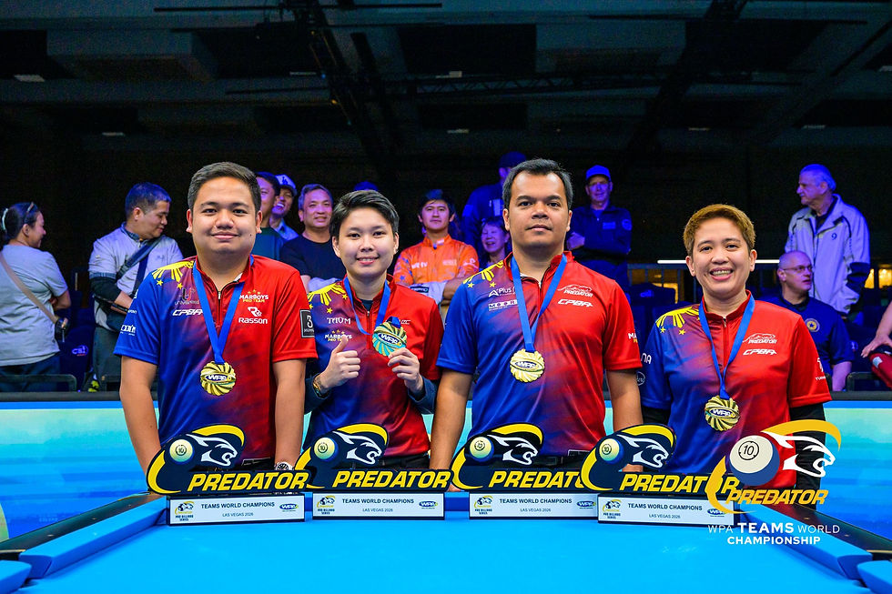 Jefrey Roda, Chezka Centeno, Carlo Biado, and Rubilen Amit (from left to right) captured the Philippines' second Teams 10-Ball World Championship crown after outlasting Poland in a dramatic best-of-five finals showdown.