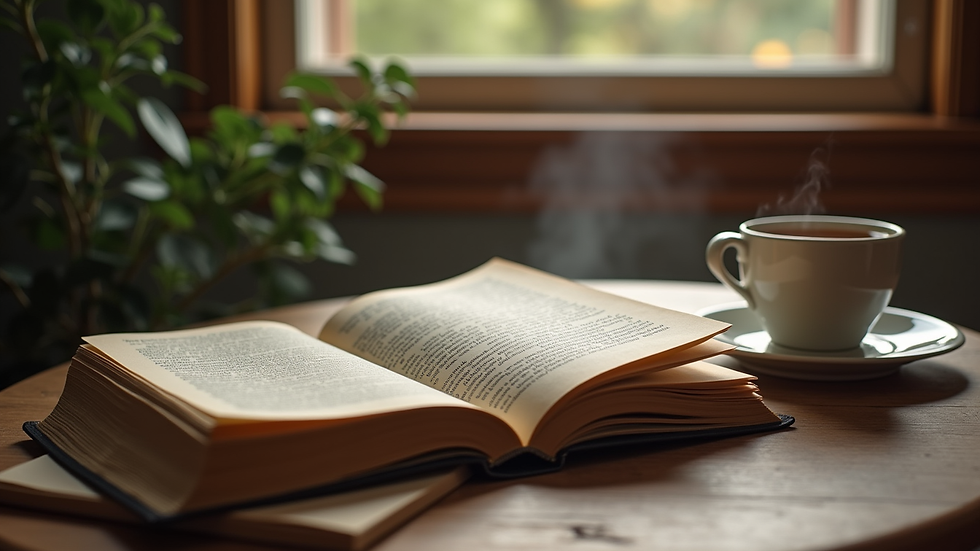 Eye-level view of a cozy reading nook with philosophical books and a cup of tea