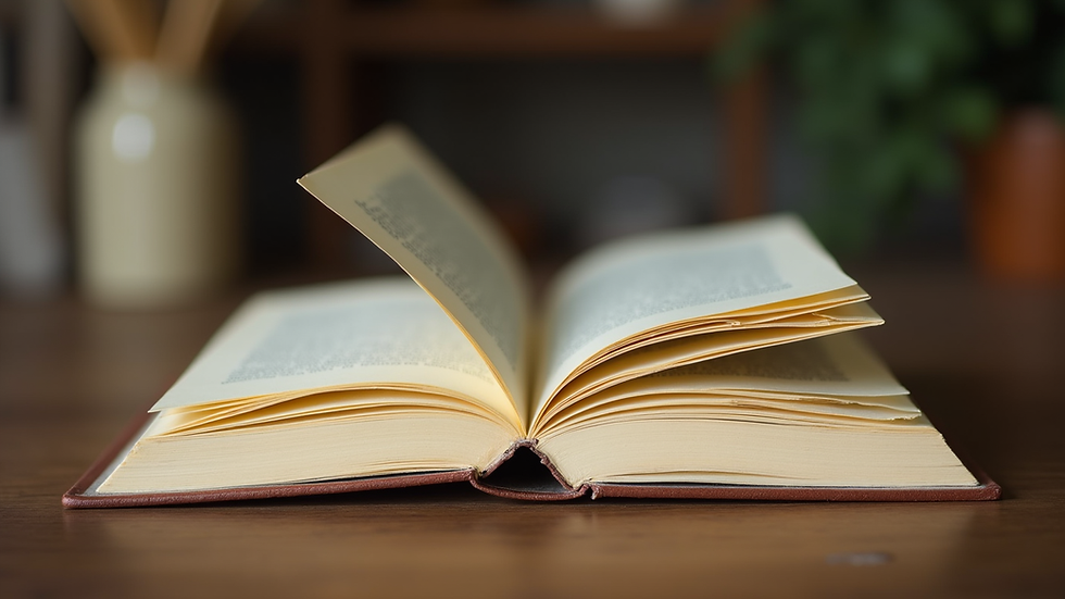 Close-up de livro aberto com páginas amareladas e caneta ao lado