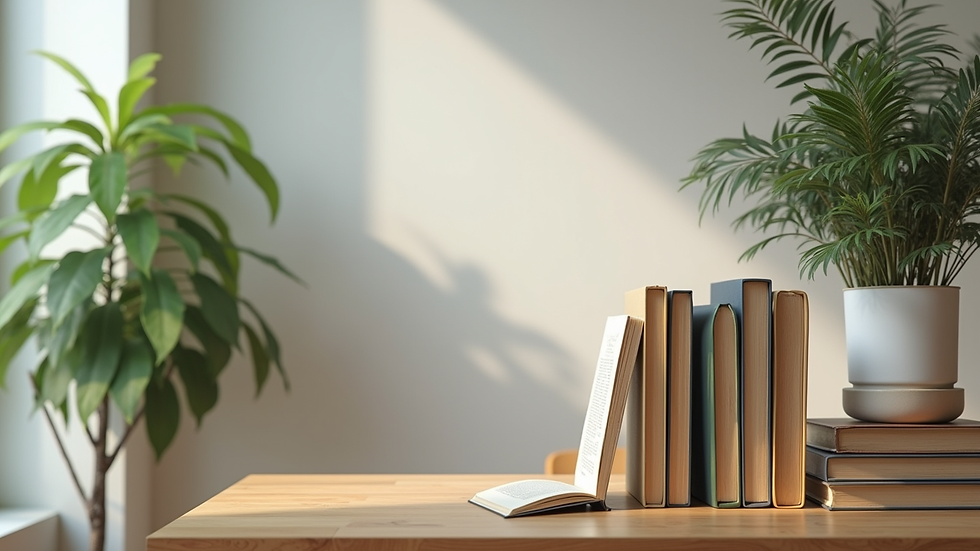 Eye-level view de estante com livros variados e plantas decorativas