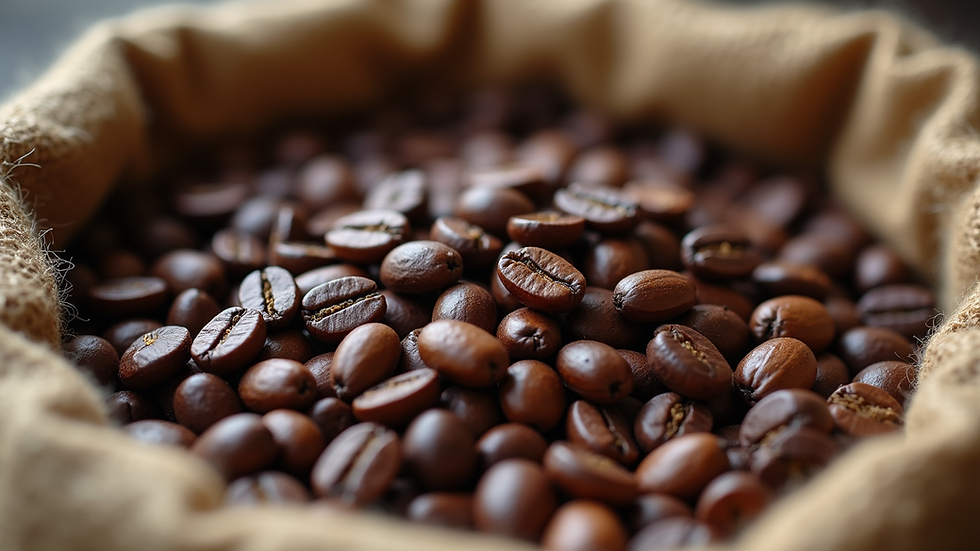 Close-up view of roasted coffee beans in a burlap sack