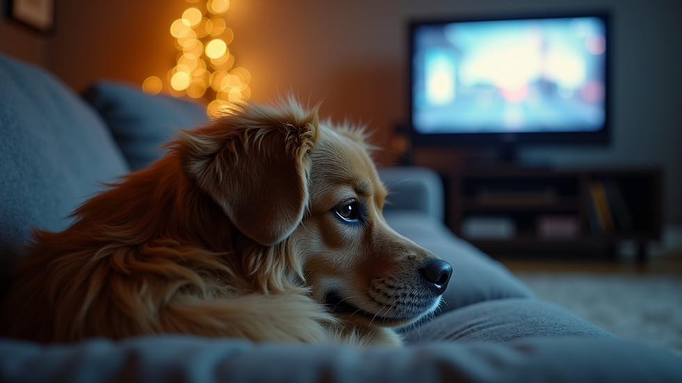 Close-up view of a dog lying on a sofa ready to watch a movie