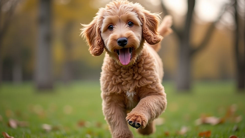 Eye-level view of a playful Goldendoodle running in a park
