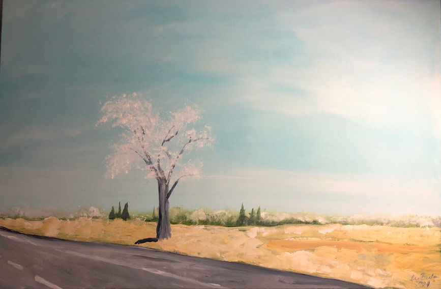 Lonely tree acrylic painting, roadside landscape
