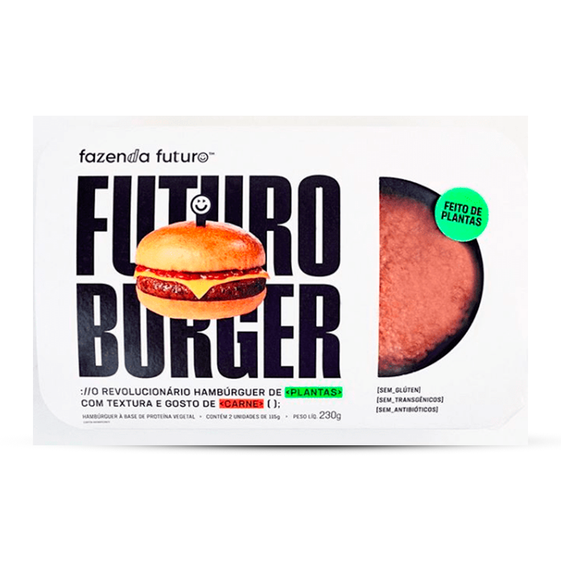 Embalagem Futuro Burger Fazenda Futuro: hambúrguer vegetal, 100% vegetal, sem glúten.