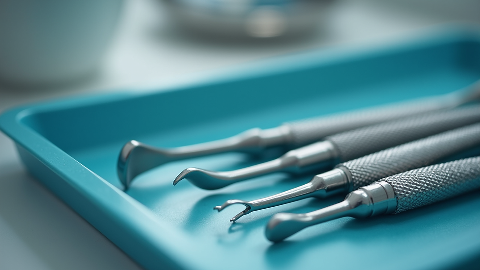 Close-up view of dental instruments arranged on a tray in a clinical setting