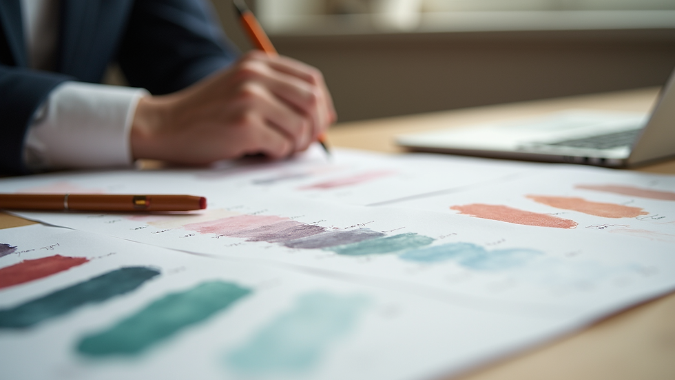 Close-up view of a designer’s desk with sketches and color palettes for branding