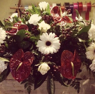 Top Table Arrangement, Burgundy and whites.