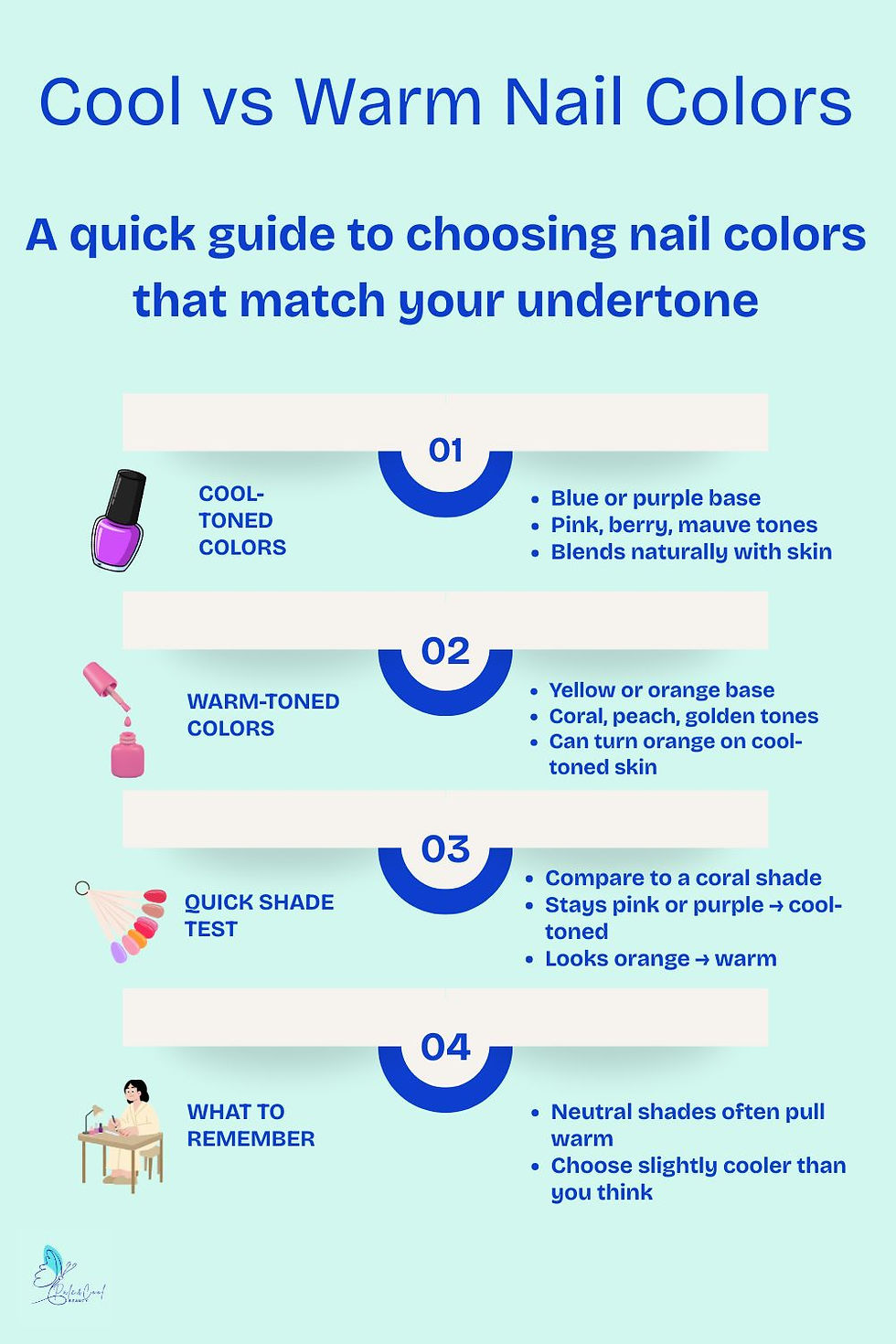 Cool vs warm nail colors infographic showing blue-based vs orange-based shades and how to choose nail colors for cool-toned skin