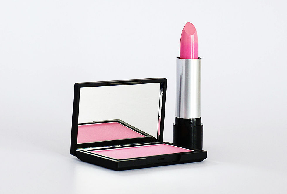 cool-toned blush and lipstick on table