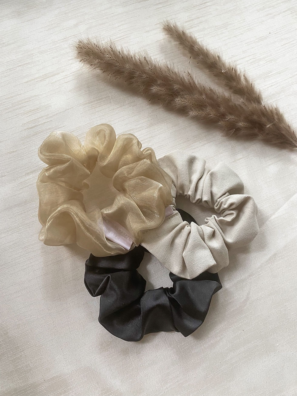 Thumbnail: 3 Pack of Scrunchies | Black, Stone & Champagne