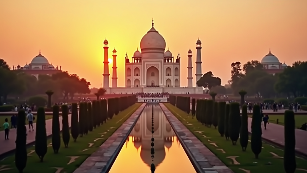 High angle view of the Taj Mahal during sunset