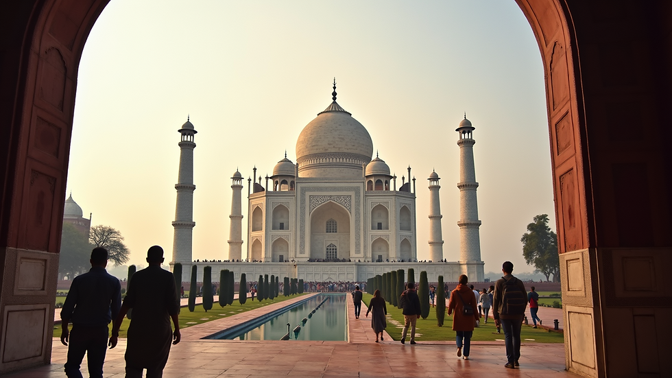 High angle view of the Taj Mahal entrance gate with tourists arriving