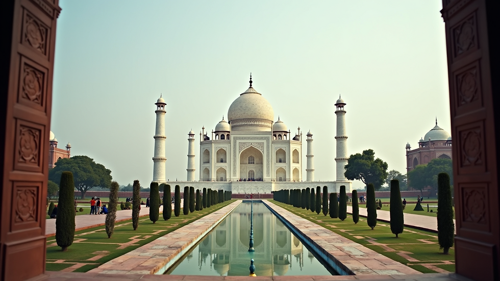 Wide angle view of the Taj Mahal from the front garden