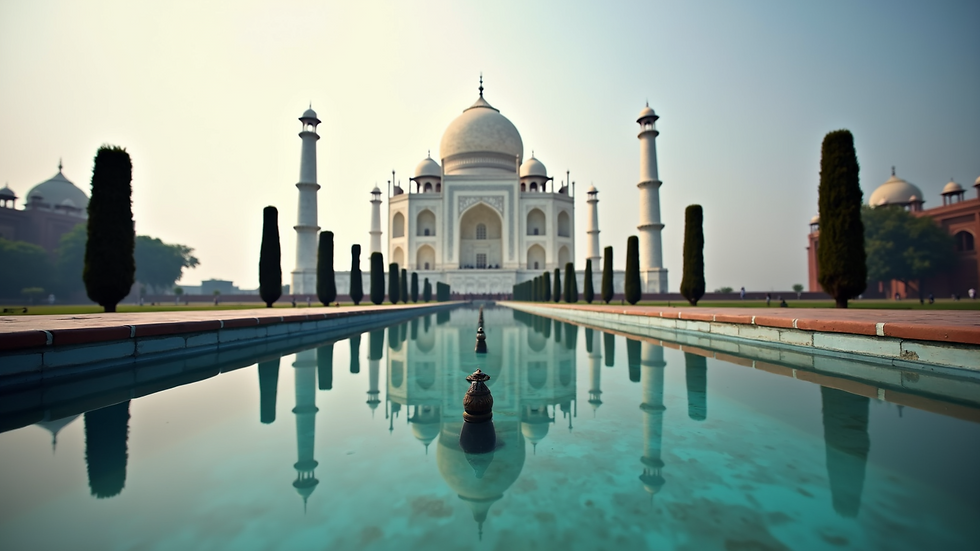 Eye-level view of the Taj Mahal reflecting in the water pool