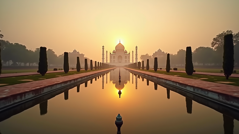 Wide angle view of the Taj Mahal reflecting in the water at sunrise