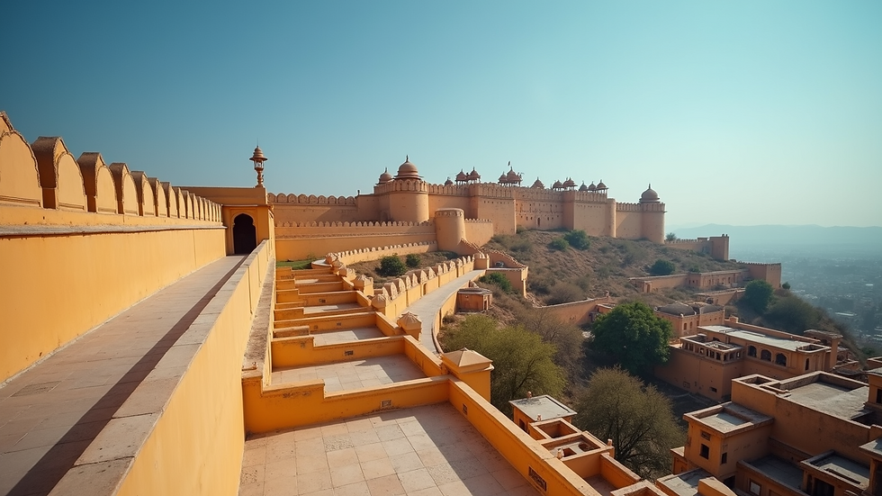 Wide angle view of Amber Fort in Jaipur with clear blue sky