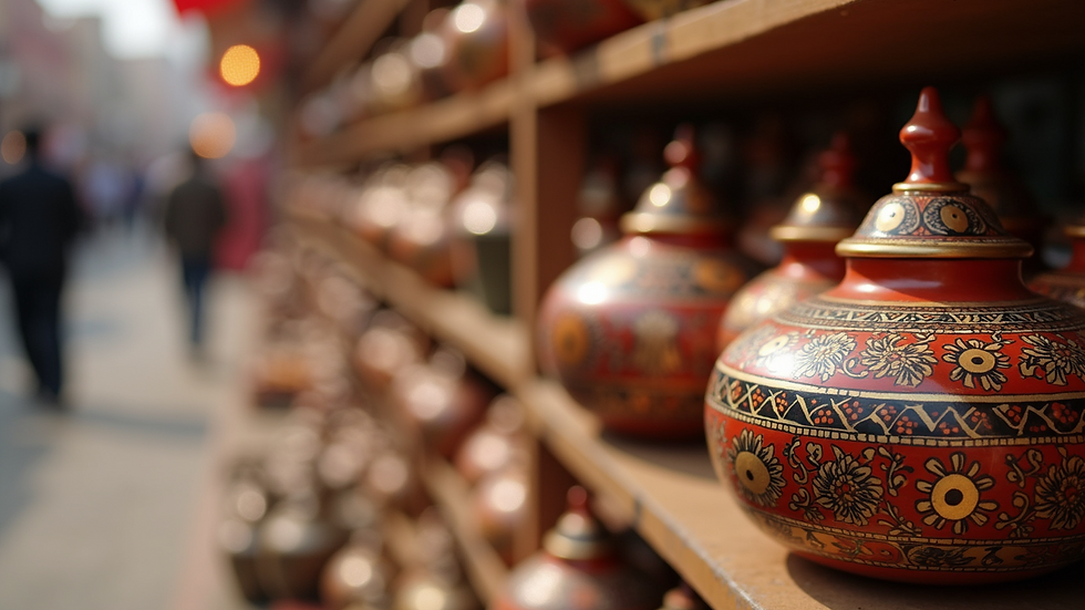 Close-up view of traditional Rajasthani handicrafts displayed in Jaipur market