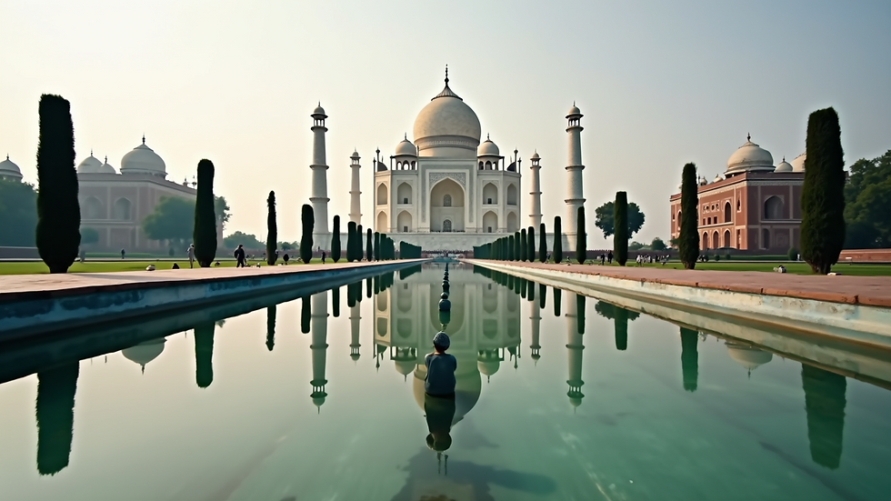 Eye-level view of the Taj Mahal reflecting in the water