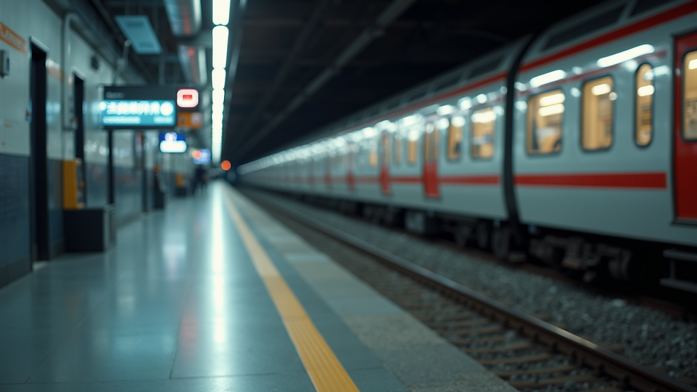 Eye-level view of a modern train station platform with a train ready for departure