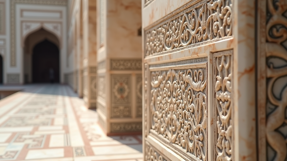 Close-up view of intricate marble inlay work on the Taj Mahal walls
