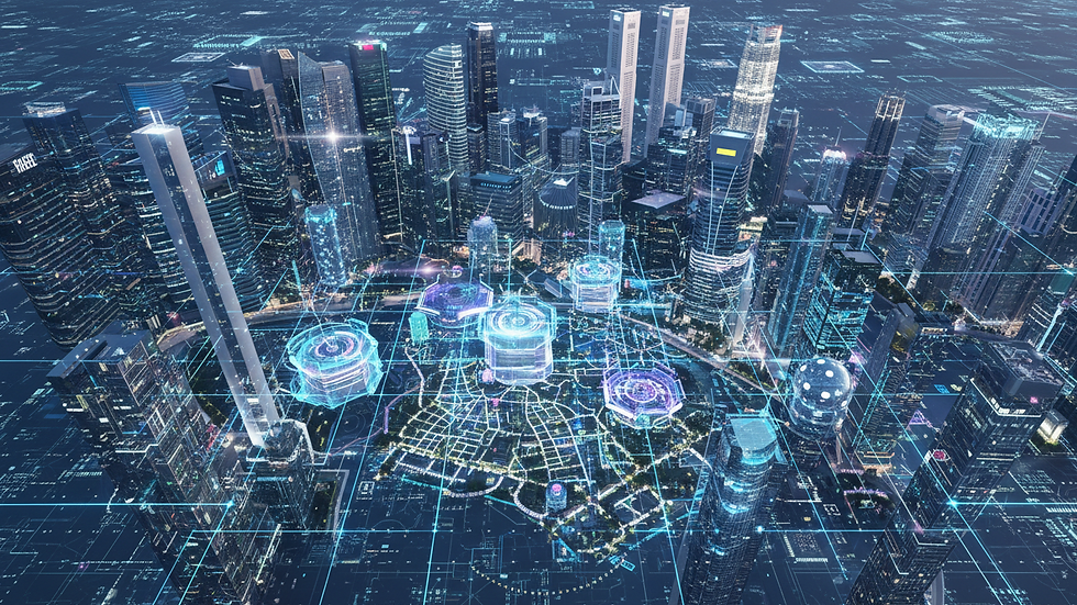 High angle view of Singapore cityscape with digital network overlay