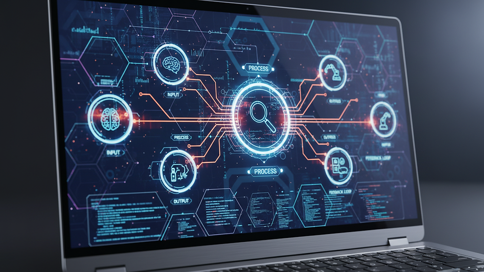 Close-up view of a laptop screen showing AI workflow diagrams