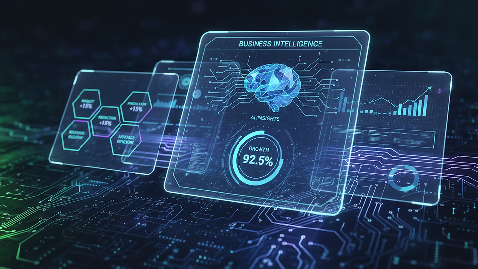 Close-up view of a digital dashboard showing AI-powered business metrics